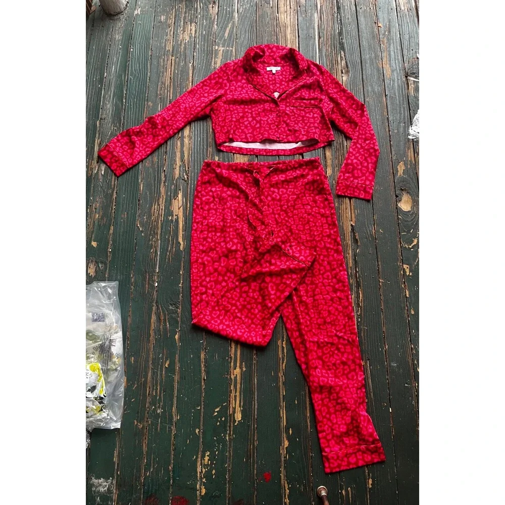 Good American Pink Red Leopard Print Pajama Set Cropped Top Wide Leg Pants 1